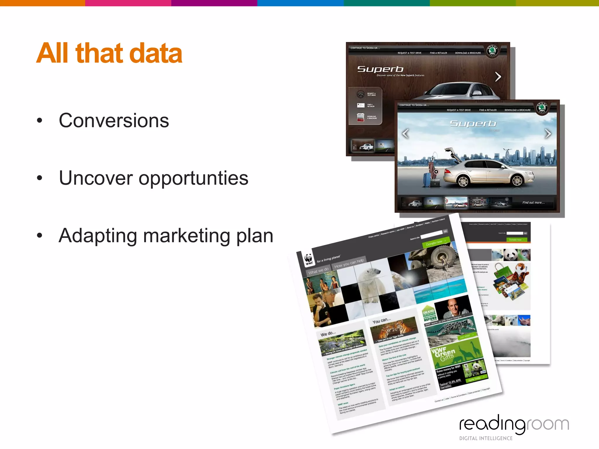 All that data
• Conversions
• Uncover opportunties
• Adapting marketing plan
 