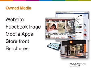 Owned Media
Website
Facebook Page
Mobile Apps
Store front
Brochures
 
