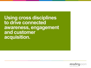 Using cross disciplines
to drive connected
awareness, engagement
and customer
acquisition.
 