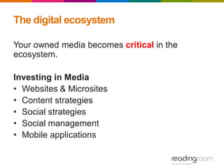 The digital ecosystem
Your owned media becomes critical in the
ecosystem.
Investing in Media
• Websites & Microsites
• Content strategies
• Social strategies
• Social management
• Mobile applications
 