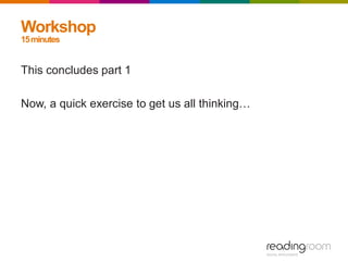Workshop
15minutes
This concludes part 1
Now, a quick exercise to get us all thinking…
 