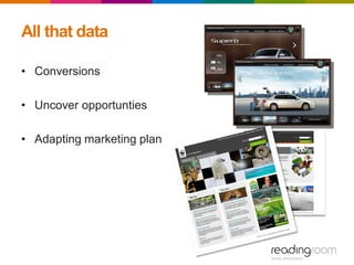 All that data
• Conversions
• Uncover opportunties
• Adapting marketing plan
 
