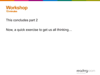 Workshop
15minutes
This concludes part 2
Now, a quick exercise to get us all thinking…
 