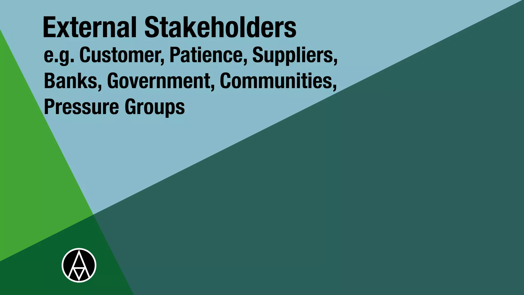 External Stakeholders
e.g. Customer, Patience, Suppliers,
Banks, Government, Communities,
Pressure Groups
 