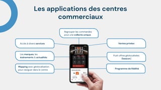 Les applications des centres
commerciaux
Regrouper les commandes
pour une collecte unique
Ventes privées
Push offres géolocalisées
(beacon)
Programme de ﬁdélité
Mapping avec géolocalisation
pour naviguer dans le centre
Accès à divers services
Les marques, les
événements & actualités
 
