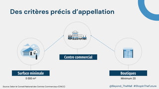 Surface minimale
5 000 m²
Centre commercial
Boutiques
Minimum 20
@Beyond_TheMall #ShopInTheFuture
Source: Selon le Conseil National des Centres Commerciaux (CNCC)
Des critères précis d’appellation
 