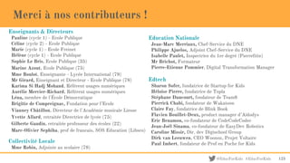 @EducForKids #EducForKids
Merci à nos contributeurs !
125
Enseignants & Directeurs
Pauline (cycle 1) - Ecole Publique
Céline (cycle 2) - Ecole Publique
Marie (cycle 1) - Ecole Freinet
Hélène (cycle 1) - Ecole Publique
Sophie Le Bris, Ecole Publique (35)
Marine Azout, Ecole Publique (75)
Mme Boulot, Enseignante - Lycée International (78)
Mr Girard, Enseignant et Directeur - Ecole Publique (78)
Karima Si Hadj Mohand, Référent usages numériques
Aurélie Mercier-Richard, Référent usages numériques
Léna, membre de l'École Démocratique
Brigitte de Compreignac, Fondation pour l’Ecole
Vianney Châtillon, Directeur de l’Académie musicale Liesse
Yvette Allard, retraitée Directrice de lycée (75)
Gilberte Gaudin, retraitée professeur des écoles (22)
Marc-Olivier Sephiha, prof de francais, SOS Education (Libsco)
Collectivité Locale
Mme Robin, Adjointe au scolaire (78)
Education Nationale
Jean-Marc Merriaux, Chef-Service du DNE
Philippe Ajuelos, Adjoint Chef-Service du DNE
Isabelle Paulet, Inspectrice du 1er degré (Pierrefitte)
Mr Brichot, Formateur
Pierre-Etienne Pommier, Digital Transformation Manager
Edtech
Sharon Sofer, fondatrice de Startup for Kids
Héloïse Pierre, fondatrice de Topla
Stéphane Daucourt, fondateur de Team8
Pierrick Chabi, fondateur de Wakatoon
Claire Fay, fondatrice de Blink Book
Flavien Bouillet-Deux, product manager d’Aidodys
Eric Benamou, co-fondateur de CodeCodeCodec
Jean-Joël Sinama, co-fondateur de EasyDev Robotics
Caroline Missir, Dir. dev Digischool Group
Dirk van Leeuwen, CEO Woonoz, Projet Voltaire
Paul Imbert, fondateur de Prof en Poche for Kids
 