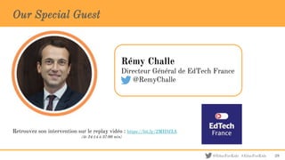 @EducForKids #EducForKids
Our Special Guest
28
Rémy Challe
Directeur Général de EdTech France
@RemyChalle
Retrouvez son intervention sur le replay vidéo : https://bit.ly/2MHSf3A
(de 24:14 à 37:00 min)
 