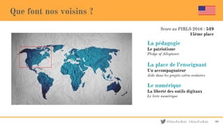 @EducForKids #EducForKids
Que font nos voisins ?
La pédagogie
Le patriotisme
Pledge of Allegiance
La place de l’enseignant
Un accompagnateur
Aide dans les projets extra-scolaires
Le numérique
La liberté des outils digitaux
Le livre numérique
90
Score au PIRLS 2016 : 549
15ème place
 