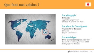 @EducForKids #EducForKids
Que font nos voisins ?
La pédagogie
L’élitisme
Apprentissage par coeur
Des frais de scolarité très élevés
La place de l’enseignant
Transmetteur du savoir
Hiérarchie
Respect : la révérence
Le numérique
Pour apprendre toujours plus vite
La tablette numérique pour tous - 2020
Robot professeur d’anglais
92
 