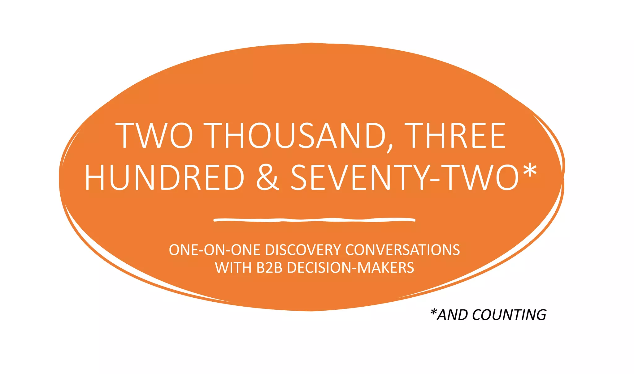 TWO THOUSAND, THREE
HUNDRED & SEVENTY-TWO*
ONE-ON-ONE DISCOVERY CONVERSATIONS
WITH B2B DECISION-MAKERS
*AND COUNTING
 