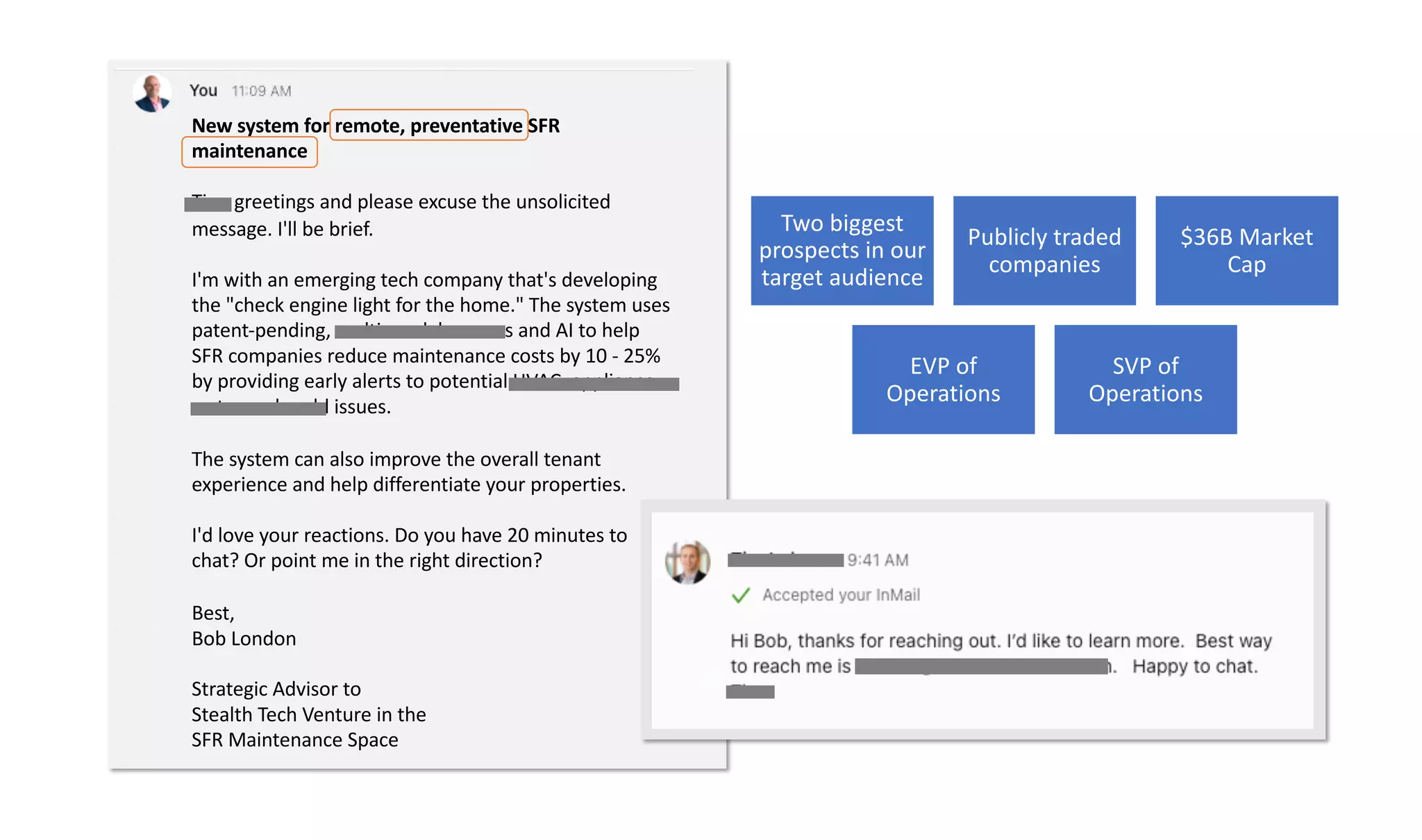 New system for remote, preventative SFR
maintenance (HVAC, water, mold)
Tim, greetings and please excuse the unsolicited
message. I'll be brief.
I'm with an emerging tech company that's developing
the "check engine light for the home." The system uses
patent-pending, multi-modal sensors and AI to help
SFR companies reduce maintenance costs by 10 - 25%
by providing early alerts to potential HVAC, appliance,
water and mold issues.
The system can also improve the overall tenant
experience and help differentiate your properties.
I'd love your reactions. Do you have 20 minutes to
chat? Or point me in the right direction?
Best,
Bob London
Strategic Advisor to
Stealth Tech Venture in the
SFR Maintenance Space
Two biggest
prospects in our
target audience
Publicly traded
companies
$36B Market
Cap
EVP of
Operations
SVP of
Operations
 