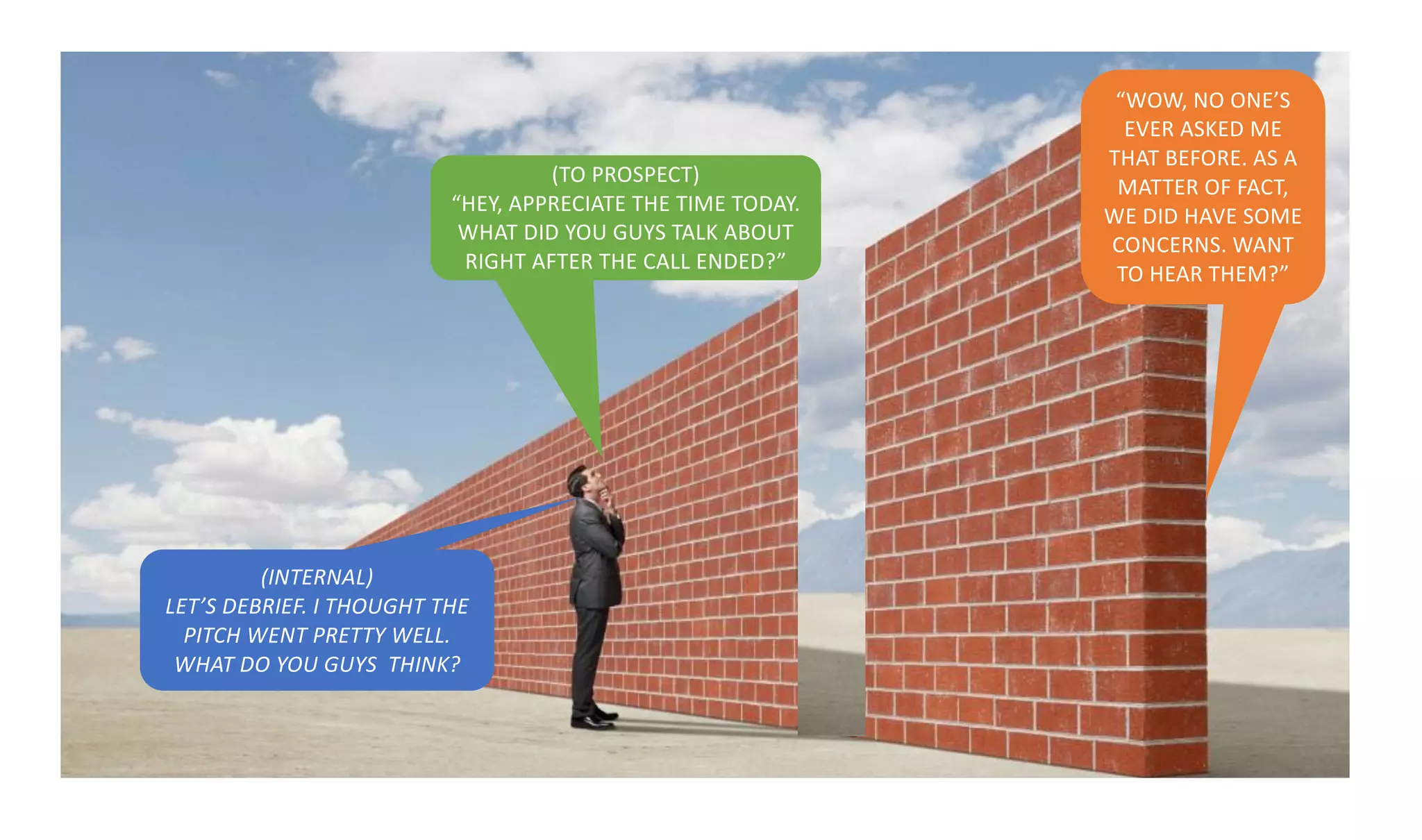 (INTERNAL)
LET’S DEBRIEF. I THOUGHT THE
PITCH WENT PRETTY WELL.
WHAT DO YOU GUYS THINK?
(TO PROSPECT)
“HEY, APPRECIATE THE TIME TODAY.
WHAT DID YOU GUYS TALK ABOUT
RIGHT AFTER THE CALL ENDED?”
“WOW, NO ONE’S
EVER ASKED ME
THAT BEFORE. AS A
MATTER OF FACT,
WE DID HAVE SOME
CONCERNS. WANT
TO HEAR THEM?”
 