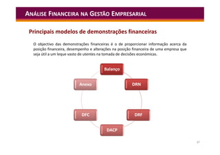 17
ANÁLISE FINANCEIRA NA GESTÃO EMPRESARIAL
Principais modelos de demonstrações financeiras
O objectivo das demonstrações financeiras é o de proporcionar informação acerca da
posição financeira, desempenho e alterações na posição financeira de uma empresa que
seja útil a um leque vasto de utentes na tomada de decisões económicas.
Balanço
DRN
DRF
DACP
DFC
Anexo
 
