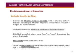 32
Limitação à análise de Rácios
- Existência de diferentes ramos de atividade numa só empresa, podendo
distorcer os dados (p.e. diferentes margens de comercialização conduzem a
margens de lucro diferentes)
- Distorção dos dados por adopção de politicas contabilísticas diferentes
- Dificuldade em definir valores como “bons” ou “maus”, dependendo dos
setores de atividade
- Sazonalidade das atividades económicas
- Devem ser complementados com outros indicadores e outras técnicas, como
seja a análise de fluxos financeiros
ANÁLISE FINANCEIRA NA GESTÃO EMPRESARIAL
Os rácios económicos e financeiros
 