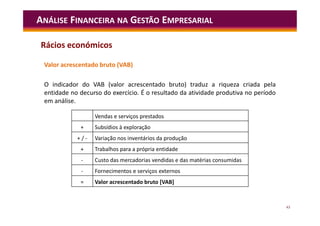 43
ANÁLISE FINANCEIRA NA GESTÃO EMPRESARIAL
Valor acrescentado bruto (VAB)
O indicador do VAB (valor acrescentado bruto) traduz a riqueza criada pela
entidade no decurso do exercício. É o resultado da atividade produtiva no período
em análise.
Vendas e serviços prestados
+ Subsídios à exploração
+ / - Variação nos inventários da produção
+ Trabalhos para a própria entidade
- Custo das mercadorias vendidas e das matérias consumidas
- Fornecimentos e serviços externos
= Valor acrescentado bruto [VAB]
Rácios económicos
 