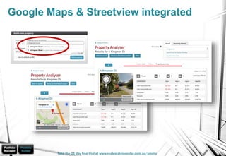 Google Maps & Streetview integrated
Take the 21 day free trial at www.realestateinvestar.com.au/promo
 