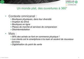 Un monde plat, des ouvertures à 360° 
• Contexte omnicanal : 
> Boutiques physiques, dans leur diversité 
> Irruption du Drive 
> Boutiques en ligne 
> Places de marché et services de comparaison 
> Désintermédiation 
! 
• Mais : 
> 90% des achats se font en commerce physique ! 
> Les clients ont le smartphone à la main et veulent de nouveaux 
services 
> Digitalisation du point de vente 
© Visiplus Academy 15 
 