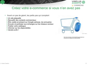 Créez votre e-commerce si vous n’en avez pas 
• Avant un pas de géant, les petits ! pas qui comptent 
> Un site plaquette 
> Recueillir des contacts commerciaux 
> Être visible et présent sur Google adresse, les annuaires 
> Ecouter et participer aux échanges sur les réseaux sociaux 
> Publier votre catalogue 
> Informer sur les disponibilités 
> Vendre enfin ! 
http://www.widoobiz.com/actualites/reussir-dans-le-e-commerce- 
une-affaire-de-contenus/29383 
© Visiplus Academy 23 
 