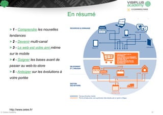 En résumé 
> 1 - Comprendre les nouvelles 
tendances 
> 2 - Devenir multi-canal 
> 3 - Le web est votre ami même 
sur le mobile 
> 4 - Soigner les bases avant de 
passer au web-to-store 
> 5 - Anticiper sur les évolutions à 
votre portée 
http://www.zetes.fr/ 
© Visiplus Academy 37 
 