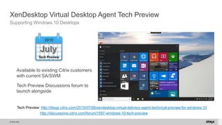 © 2015 Citrix.
XenDesktop Virtual Desktop Agent Tech Preview
Supporting Windows 10 Desktops
Available to existing Citrix c...