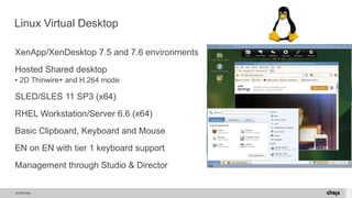 © 2015 Citrix.
Linux Virtual Desktop
XenApp/XenDesktop 7.5 and 7.6 environments
Hosted Shared desktop
• 2D Thinwire+ and H...