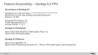 © 2015 Citrix.
Feature Accessibility – XenApp 6.5 FP3
All versions of XenApp 6.5
XenServer 6.5, Service Pack 1 *except RAM...