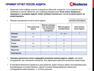 ПРИМЕР ОТЧЕТ ПОСЛЕ АУДИТА
15
• Зачастую, если глубоко копнуть в каждой из областей, окажется, что у стартапа есть
проблемы в многих областях, да и команда неидеальная. Если очень буквально
подходить к выводам аудита, может вообще показаться, что ни в какой проект не
инвестировать
• Пример внутреннего отчета после аудита
• Человек достаточно легко подвержен влиянию мнения других людей, как своих
сотрудников, так и внешних экспертов. Это характерно даже для успешных инвесторов
• В портфеле AVentures Capital есть ряд проектов, аудит которых давал настораживающие
рекомендации не инвестировать, другие топовые международные инвесторы
отговаривали инвестировать, -> в итоге успешны
Твое мнение до
аудита
Мнение команды
(как внутренней,
так и внешних
экспертов)
Мнение других
соинвесторов
Твое мнение
после аудита
Команда ++ от – до + ?
Продукт +++ ++ +
Технология + ++ ++
Рынок +++ + ++
Продажи ++ +++ +
Маркетинг + - ++
Партнерства -
ИЛЛЮСТРАТИВНО
 