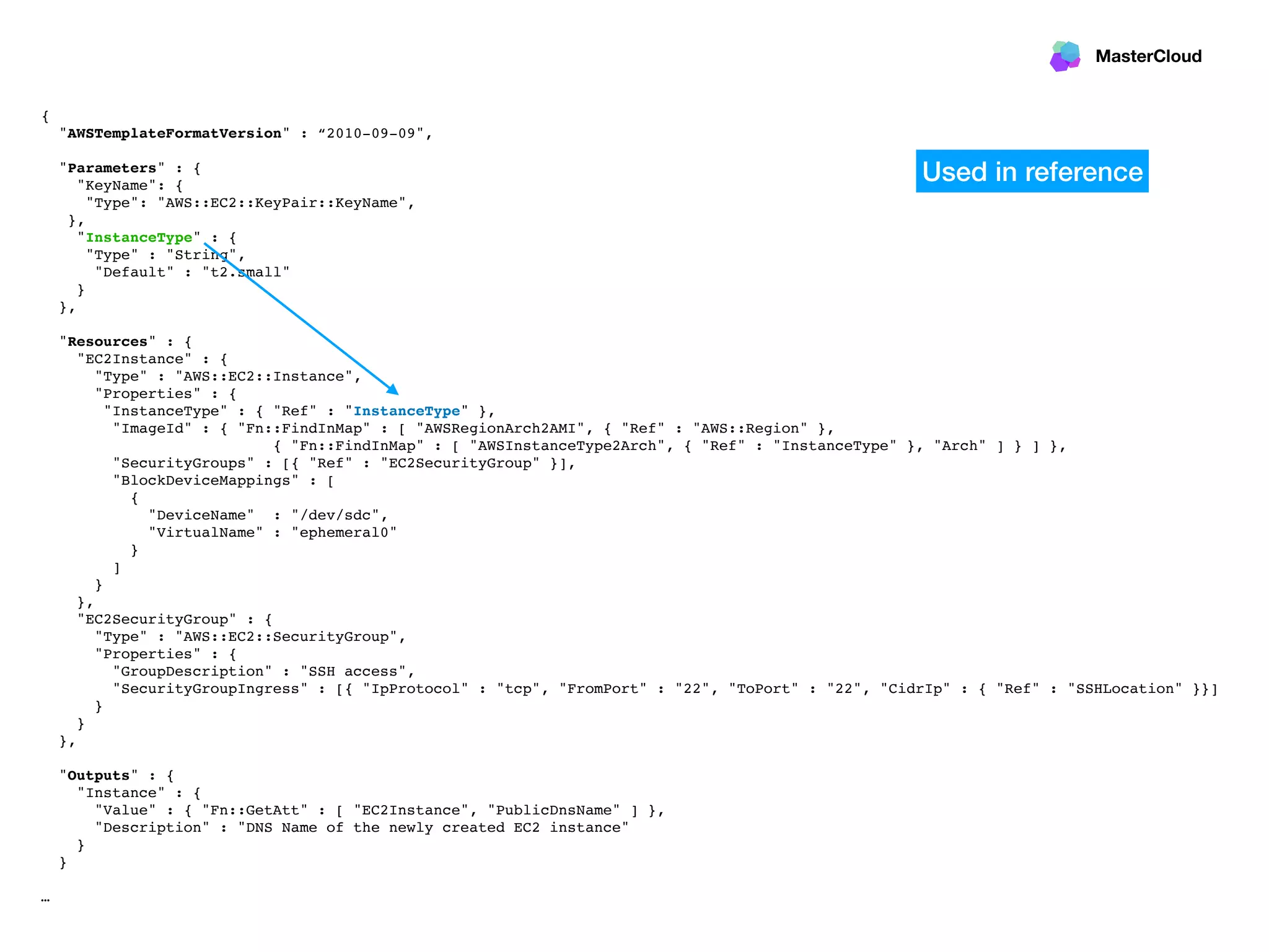MasterCloud
{
"AWSTemplateFormatVersion" : “2010-09-09",
"Parameters" : {
"KeyName": {
"Type": "AWS::EC2::KeyPair::KeyName",
},
"InstanceType" : {
"Type" : "String",
"Default" : "t2.small"
}
},
"Resources" : {
"EC2Instance" : {
"Type" : "AWS::EC2::Instance",
"Properties" : {
"InstanceType" : { "Ref" : "InstanceType" },
"ImageId" : { "Fn::FindInMap" : [ "AWSRegionArch2AMI", { "Ref" : "AWS::Region" },
{ "Fn::FindInMap" : [ "AWSInstanceType2Arch", { "Ref" : "InstanceType" }, "Arch" ] } ] },
"SecurityGroups" : [{ "Ref" : "EC2SecurityGroup" }],
"BlockDeviceMappings" : [
{
"DeviceName" : "/dev/sdc",
"VirtualName" : "ephemeral0"
}
]
}
},
"EC2SecurityGroup" : {
"Type" : "AWS::EC2::SecurityGroup",
"Properties" : {
"GroupDescription" : "SSH access",
"SecurityGroupIngress" : [{ "IpProtocol" : "tcp", "FromPort" : "22", "ToPort" : "22", "CidrIp" : { "Ref" : "SSHLocation" }}]
}
}
},
"Outputs" : {
"Instance" : {
"Value" : { "Fn::GetAtt" : [ "EC2Instance", "PublicDnsName" ] },
"Description" : "DNS Name of the newly created EC2 instance"
}
}
…
Used in reference
 