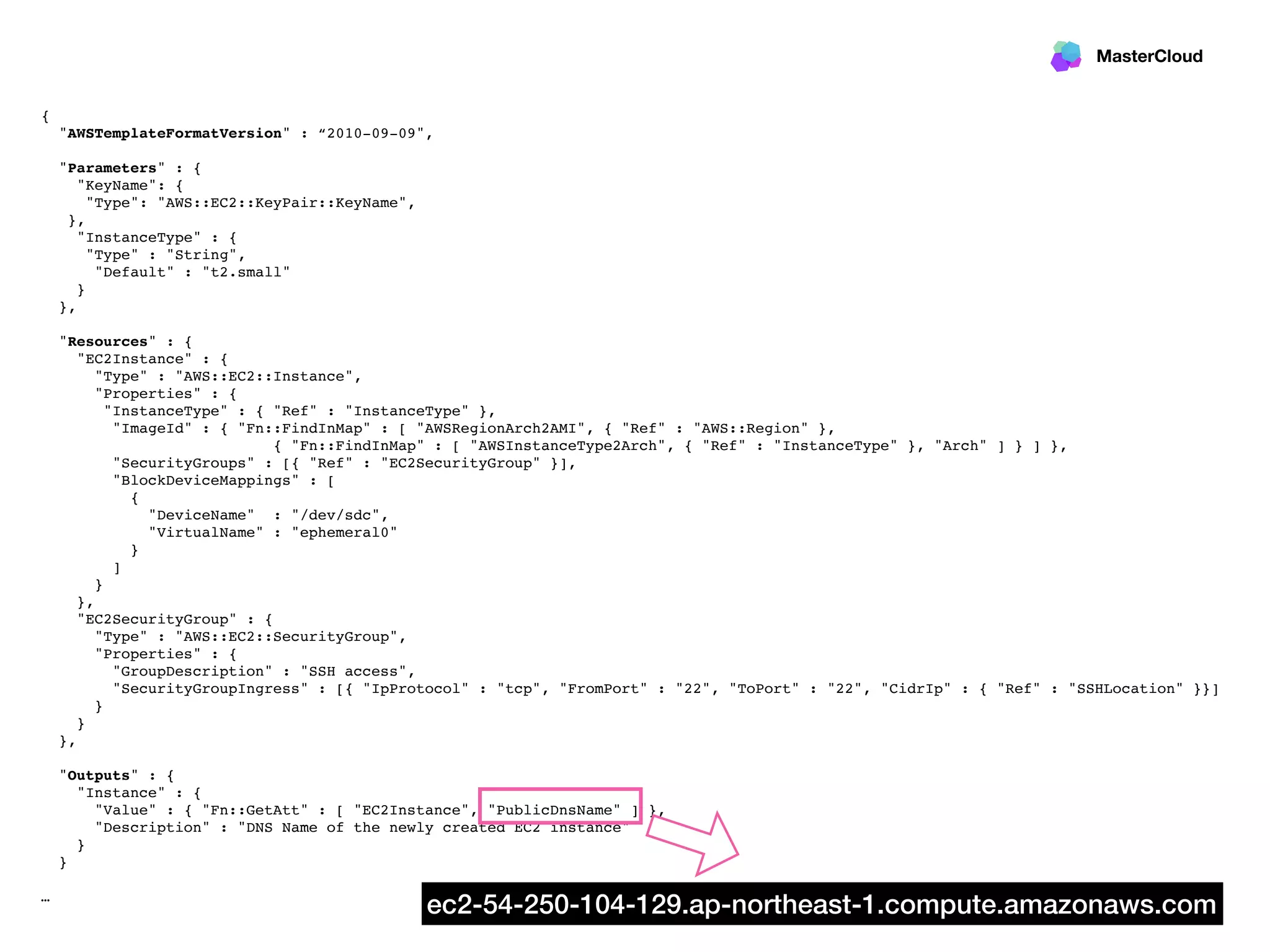 MasterCloud
{
"AWSTemplateFormatVersion" : “2010-09-09",
"Parameters" : {
"KeyName": {
"Type": "AWS::EC2::KeyPair::KeyName",
},
"InstanceType" : {
"Type" : "String",
"Default" : "t2.small"
}
},
"Resources" : {
"EC2Instance" : {
"Type" : "AWS::EC2::Instance",
"Properties" : {
"InstanceType" : { "Ref" : "InstanceType" },
"ImageId" : { "Fn::FindInMap" : [ "AWSRegionArch2AMI", { "Ref" : "AWS::Region" },
{ "Fn::FindInMap" : [ "AWSInstanceType2Arch", { "Ref" : "InstanceType" }, "Arch" ] } ] },
"SecurityGroups" : [{ "Ref" : "EC2SecurityGroup" }],
"BlockDeviceMappings" : [
{
"DeviceName" : "/dev/sdc",
"VirtualName" : "ephemeral0"
}
]
}
},
"EC2SecurityGroup" : {
"Type" : "AWS::EC2::SecurityGroup",
"Properties" : {
"GroupDescription" : "SSH access",
"SecurityGroupIngress" : [{ "IpProtocol" : "tcp", "FromPort" : "22", "ToPort" : "22", "CidrIp" : { "Ref" : "SSHLocation" }}]
}
}
},
"Outputs" : {
"Instance" : {
"Value" : { "Fn::GetAtt" : [ "EC2Instance", "PublicDnsName" ] },
"Description" : "DNS Name of the newly created EC2 instance"
}
}
…
ec2-54-250-104-129.ap-northeast-1.compute.amazonaws.com
 