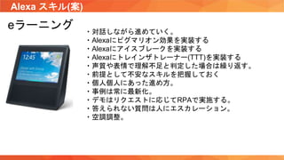 Alexa スキル(案)
eラーニング ・対話しながら進めていく。
・Alexaにピグマリオン効果を実装する
・Alexaにアイスブレークを実装する
・Alexaにトレインザトレーナー(TTT)を実装する
・声質や表情で理解不足と判定した場合は繰り返す。
・前提として不安なスキルを把握しておく
・個人個人にあった進め方。
・事例は常に最新化。
・デモはリクエストに応じてRPAで実施する。
・答えられない質問は人にエスカレーション。
・空調調整。
 