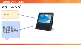 Alexa スキル(案)
eラーニング
ん〜、〇〇！
はい。正解です。
〇〇は〇〇ですね。
ここまででご質問はあ
りますか？
 