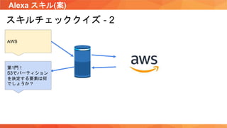Alexa スキル(案)
スキルチェッククイズ - 2
AWS
第1門！
S3でパーティション
を決定する要素は何
でしょうか？
 