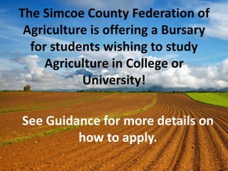 The Simcoe County Federation of
Agriculture is offering a Bursary
for students wishing to study
Agriculture in College or
University!
See Guidance for more details on
how to apply.
 
