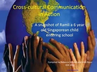Cross-cultural Communication
           in Action
        A snapshot of Ramli a 6 year
           old Singaporean child
              entering school




               Compiled by Rebecca Duncan and Vikki Rossi
                               EDE 4012
                                 Image reference link
 