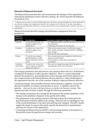 Elements of Balanced Scorecard 
The Balanced Scorecard describes and communicates the strategies of the organization. 
Selecting the performance metrics that drive strategy. Dr. Norton describes the Balanced 
Scorecard as: [15] 
“A balanced scorecard is a system of linked objectives, measures, targets and initiatives which collectively 
describe the strategy of an organization and how the strategy can be achieved. It can take something as 
complicated and frequently nebulous as strategy and translate it into something that is specific and can be 
understood.” 
Balanced Scorecard describes strategy and performance management from four 
perspectives: 
Balanced 
Scorecard 
Perspective Key Question Connection to Agile Program Management 
Financial To succeed financially, how 
should we appear to our 
stakeholders? 
! IT budget performance describes the value delivered for 
the investment 
! Utilization of resources for invested cost 
Customer To achieve our vision, how 
should we appear to our 
customers? 
! What so the customers need to fulfill their strategy? 
! How will the customers recognize that IT is fulfilling 
their strategy? 
! What are the units of measure? 
Process To satisfy our customers 
and shareholders, at what 
business processes must we 
excel? 
! How can these processes be deployed with the least 
impact on performance? 
! For each process, when does to pay back its 
investment? 
Learning’s 
and Growth 
To achieve our vision, how 
will we sustain our ability to 
change and improve? 
! How can we manage the people side of programs while 
increasing the value to the customers? 
Each strategy perspective asks and answers a key question about objectives. Performance 
is judged by the progress in achieving these objectives. There is a causal relationship 
between the perspectives: good performance in the Learning’s and Growth objectives can 
drive improvements in the Internal Business Process objectives, which should improve 
the organization from the view of the customer, leading to improved financial objectives. 
Connecting strategy with actionable outcomes means defining a capability, not just the 
physical availability of a feature of the product or service. A capability answers the 
question – what can be done with these features to further the business strategy. This 
approach provides the basis of agility through the following mechanisms: 
! The strategic connections flow through the description of the needed capabilities of the 
business to the portfolios of projects to the specific deliverables. 
! The performance of the portfolio and their individual projects flow backward to the 
Key Performance Indicators (KPI) of the strategy. These provide an unambiguous view 
of the overall performance of the short term and long term strategies. The KPI’s should 
support the targets for success that clearly quantify the desired level of performance 
necessary for success of the organization. 
! Connecting the Balanced Scorecard KPI’s with increasing maturity of the projects in 
the portfolio closes the gap between strategy and execution. 
Cutter – Agile Program Management 14/30 
 