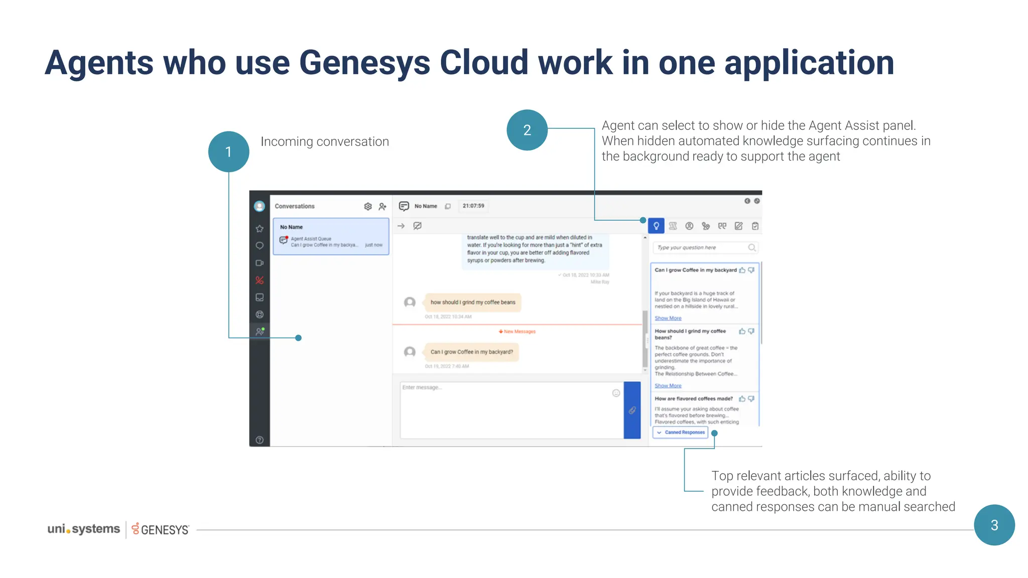 Agents who use Genesys Cloud work in one application
Incoming conversation
1
3
Agent can select to show or hide the Agent Assist panel.
When hidden automated knowledge surfacing continues in
the background ready to support the agent
2
Top relevant articles surfaced, ability to
provide feedback, both knowledge and
canned responses can be manual searched
 