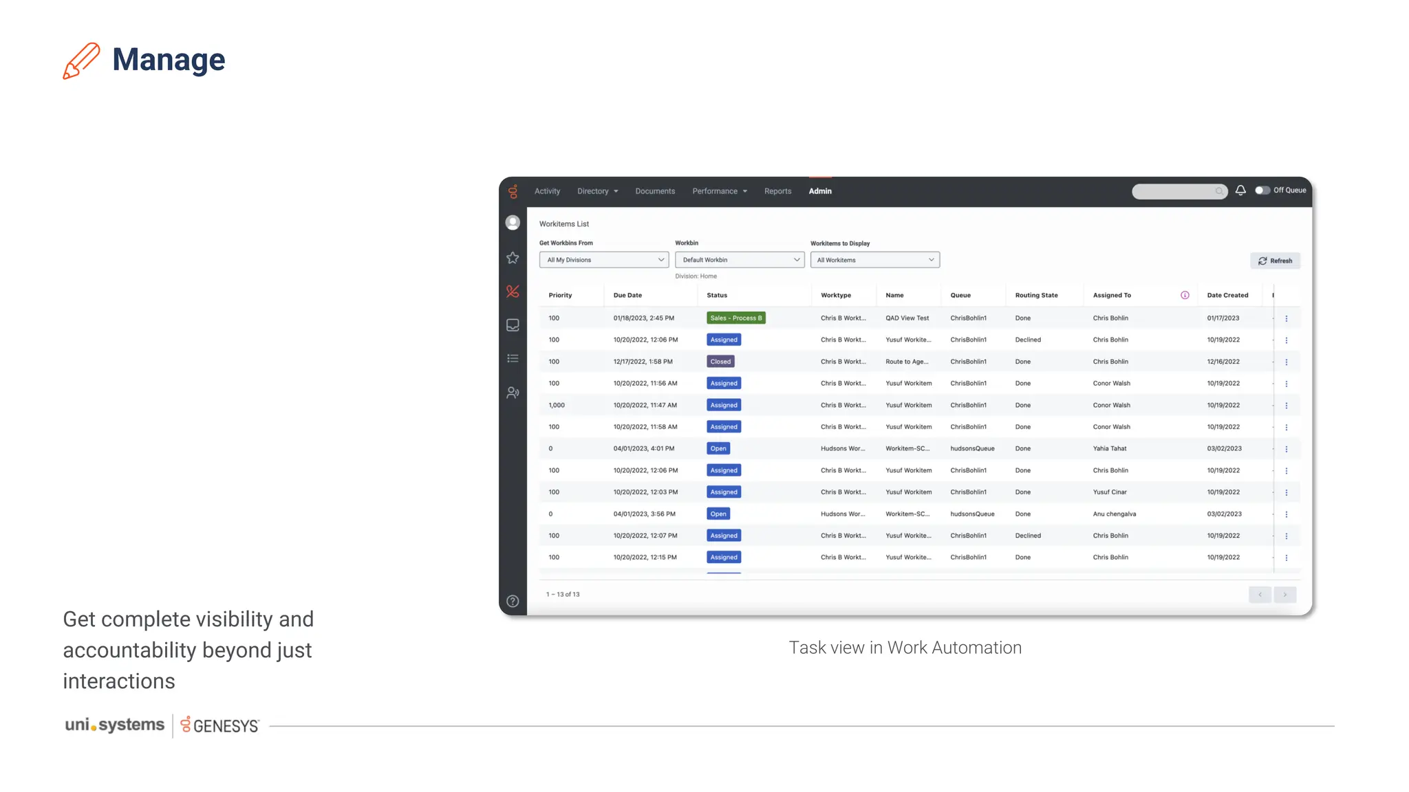 Manage
Get complete visibility and
accountability beyond just
interactions
Task view in Work Automation
 