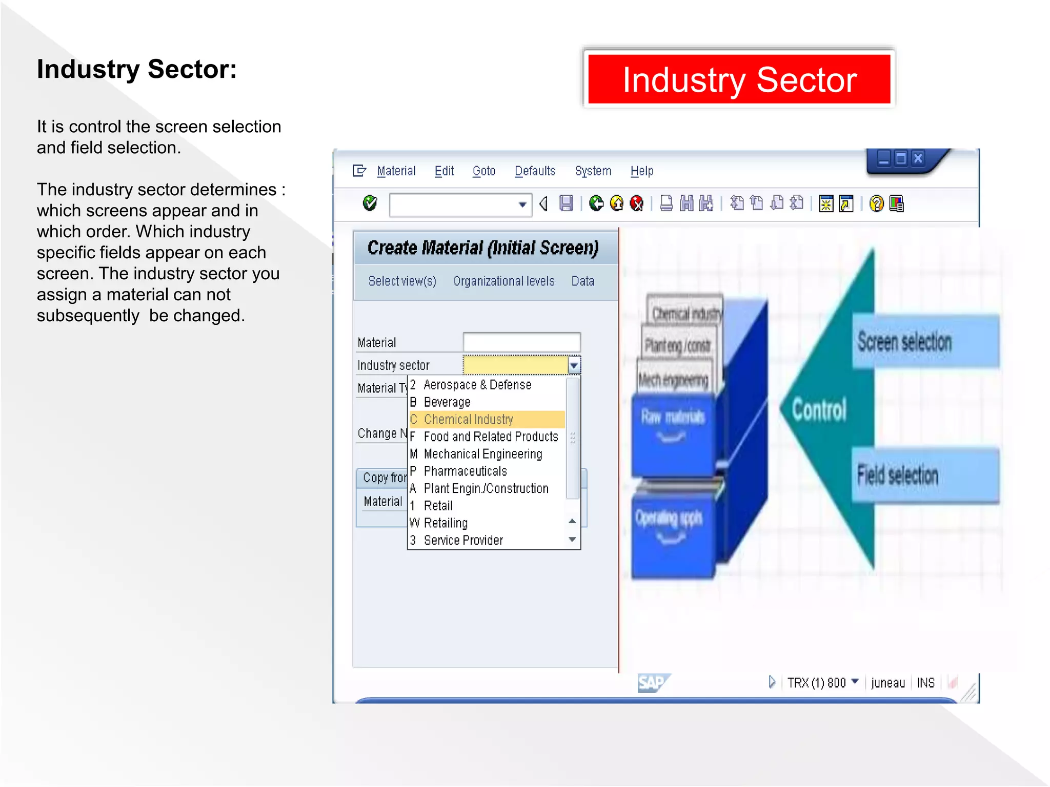 Industry SectorIndustry Sector:
It is control the screen selection
and field selection.
The industry sector determines :
which screens appear and in
which order. Which industry
specific fields appear on each
screen. The industry sector you
assign a material can not
subsequently be changed.
 