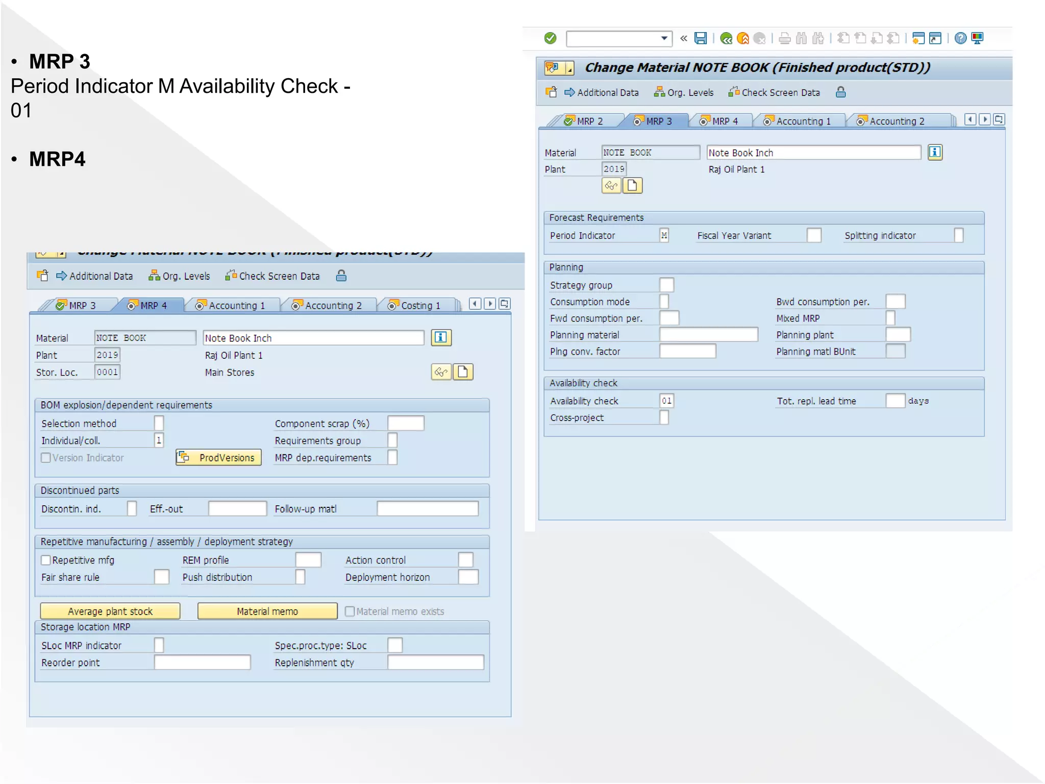 • MRP 3
Period Indicator M Availability Check -
01
• MRP4
 
