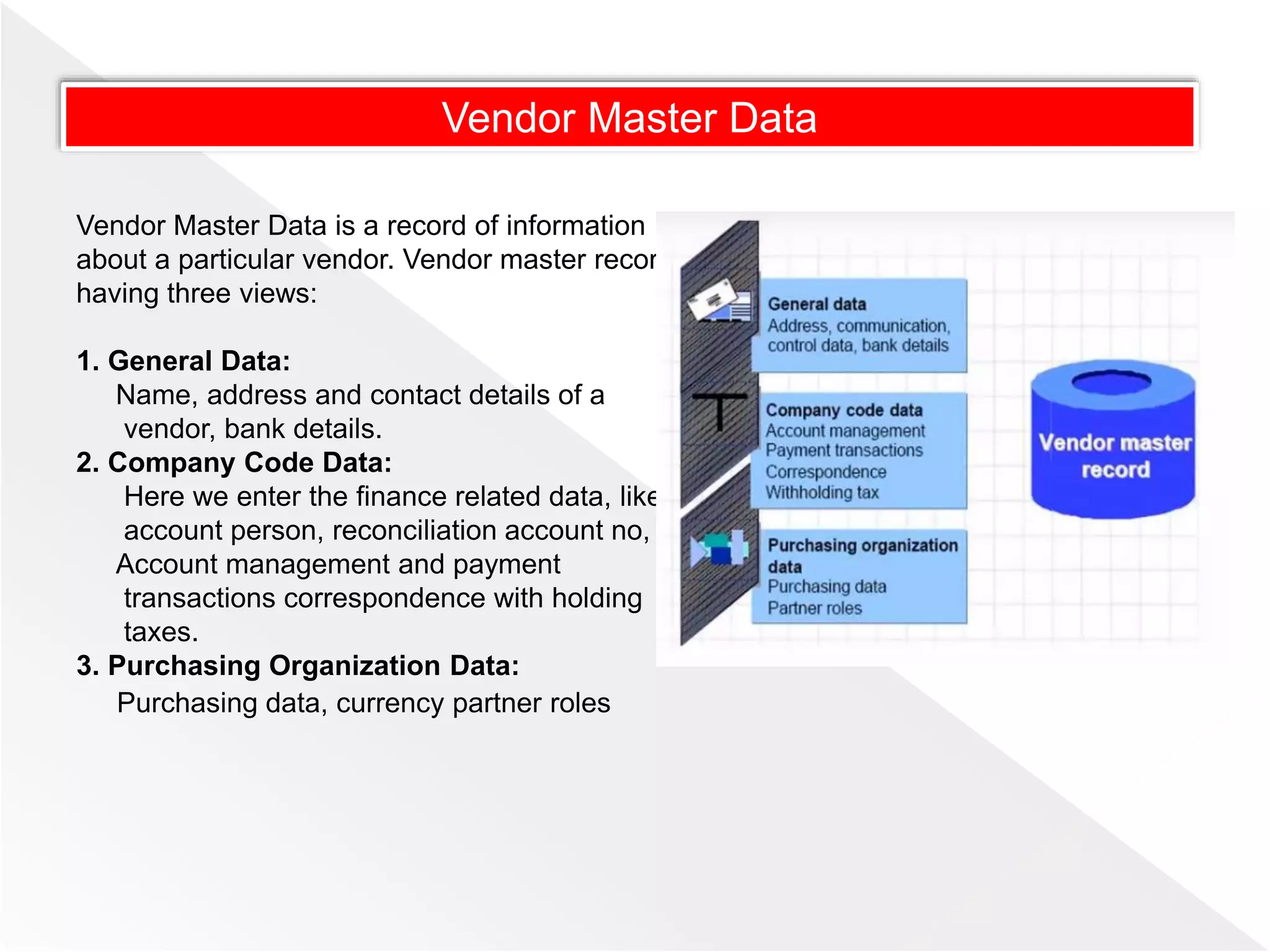 Vendor Master Data
Vendor Master Data is a record of information
about a particular vendor. Vendor master record
having three views:
1. General Data:
Name, address and contact details of a
vendor, bank details.
2. Company Code Data:
Here we enter the finance related data, like
account person, reconciliation account no,
Account management and payment
transactions correspondence with holding
taxes.
3. Purchasing Organization Data:
Purchasing data, currency partner roles
 