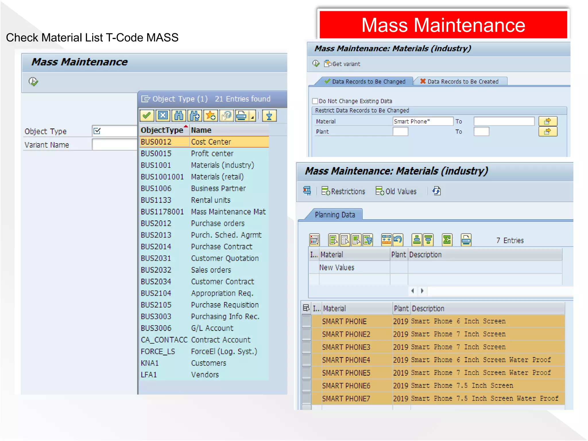 Check Material List T-Code MASS
Mass Maintenance
 