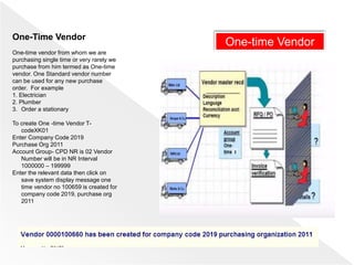 One-time VendorOne-Time Vendor
One-time vendor from whom we are
purchasing single time or very rarely we
purchase from him termed as One-time
vendor. One Standard vendor number
can be used for any new purchase
order. For example
1. Electrician
2. Plumber
3. Order a stationary
To create One -time Vendor T-
codeXK01
Enter Company Code 2019
Purchase Org 2011
Account Group- CPD NR is 02 Vendor
Number will be in NR Interval
1000000 – 199999
Enter the relevant data then click on
save system display message one
time vendor no 100659 is created for
company code 2019, purchase org
2011
 