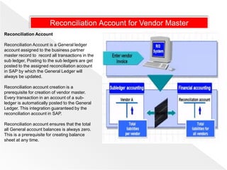Reconciliation Account
Reconciliation Account is a General ledger
account assigned to the business partner
master record to record all transactions in the
sub ledger, Posting to the sub ledgers are get
posted to the assigned reconciliation account
in SAP by which the General Ledger will
always be updated.
Reconciliation account creation is a
prerequisite for creation of vendor master.
Every transaction in an account of a sub-
ledger is automatically posted to the General
Ledger. This integration guaranteed by the
reconciliation account in SAP.
Reconciliation account ensures that the total
all General account balances is always zero.
This is a prerequisite for creating balance
sheet at any time.
Reconciliation Account for Vendor Master
 