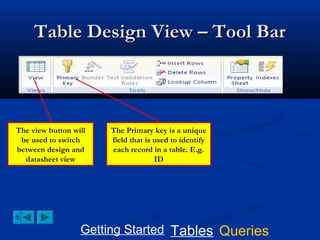 Table Design View – Tool Bar

The view button will
be used to switch
between design and
datasheet view

The Primary key is a unique
field that is used to identify
each record in a table. E.g.
ID

Getting Started Tables Queries

 
