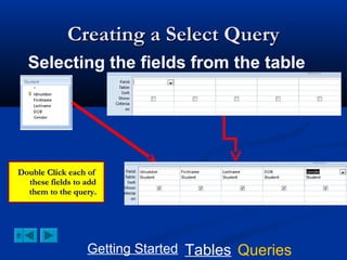 Creating a Select Query
Selecting the fields from the table

Double Click each of
these fields to add
them to the query.

Getting Started Tables Queries

 