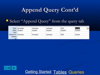 Append Query Cont’d


Select “Append Query” from the query tab

Getting Started Tables Queries

 