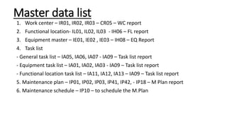 Master data list
1. Work center – IR01, IR02, IR03 – CR05 – WC report
2. Functional location- IL01, IL02, IL03 - IH06 – FL report
3. Equipment master – IE01, IE02 , IE03 – IH08 – EQ Report
4. Task list
- General task list – IA05, IA06, IA07 - IA09 – Task list report
- Equipment task list – IA01, IA02, IA03 - IA09 – Task list report
- Functional location task list – IA11, IA12, IA13 – IA09 – Task list report
5. Maintenance plan – IP01, IP02, IP03, IP41, IP42, - IP18 – M Plan report
6. Maintenance schedule – IP10 – to schedule the M.Plan
 