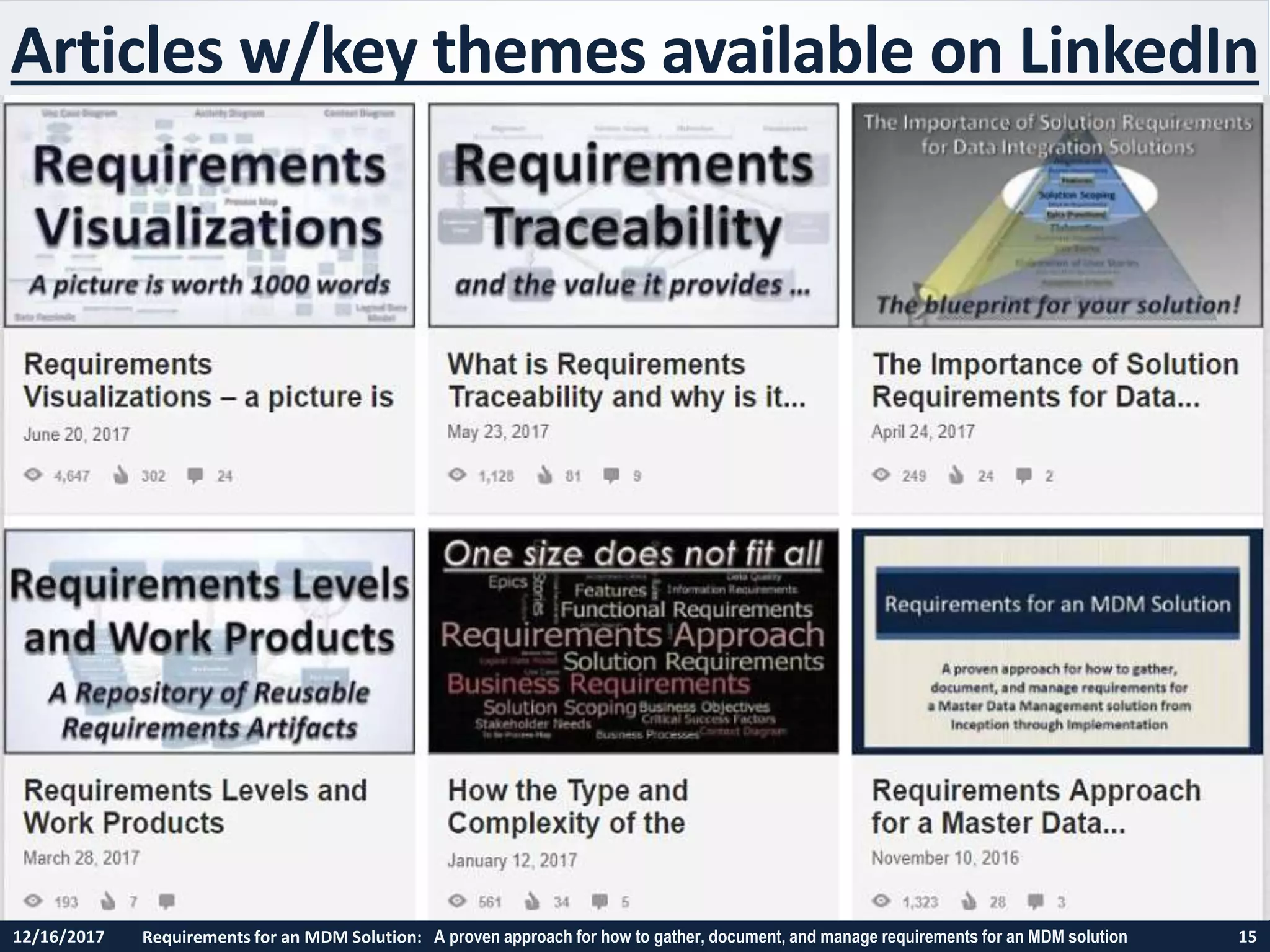 12/16/2017 Requirements for an MDM Solution: A proven approach for how to gather, document, and manage requirements for an MDM solution 15
Articles w/key themes available on LinkedIn
 