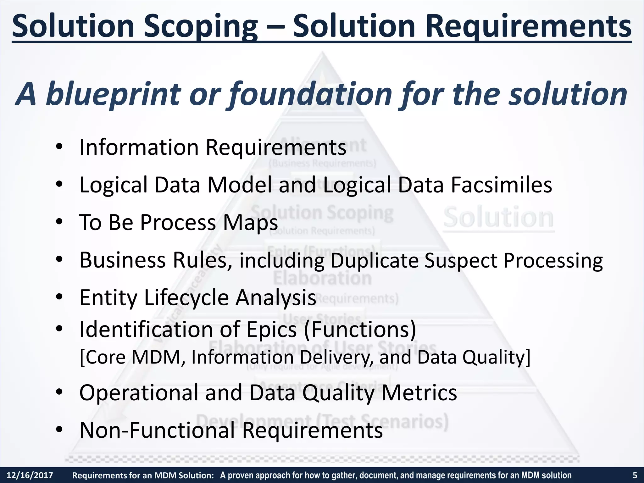 12/16/2017 Requirements for an MDM Solution: A proven approach for how to gather, document, and manage requirements for an MDM solution 5
• Information Requirements
• Logical Data Model and Logical Data Facsimiles
• To Be Process Maps
• Business Rules, including Duplicate Suspect Processing
• Entity Lifecycle Analysis
• Identification of Epics (Functions)
[Core MDM, Information Delivery, and Data Quality]
• Operational and Data Quality Metrics
• Non-Functional Requirements
Solution Scoping – Solution Requirements
A blueprint or foundation for the solution
 